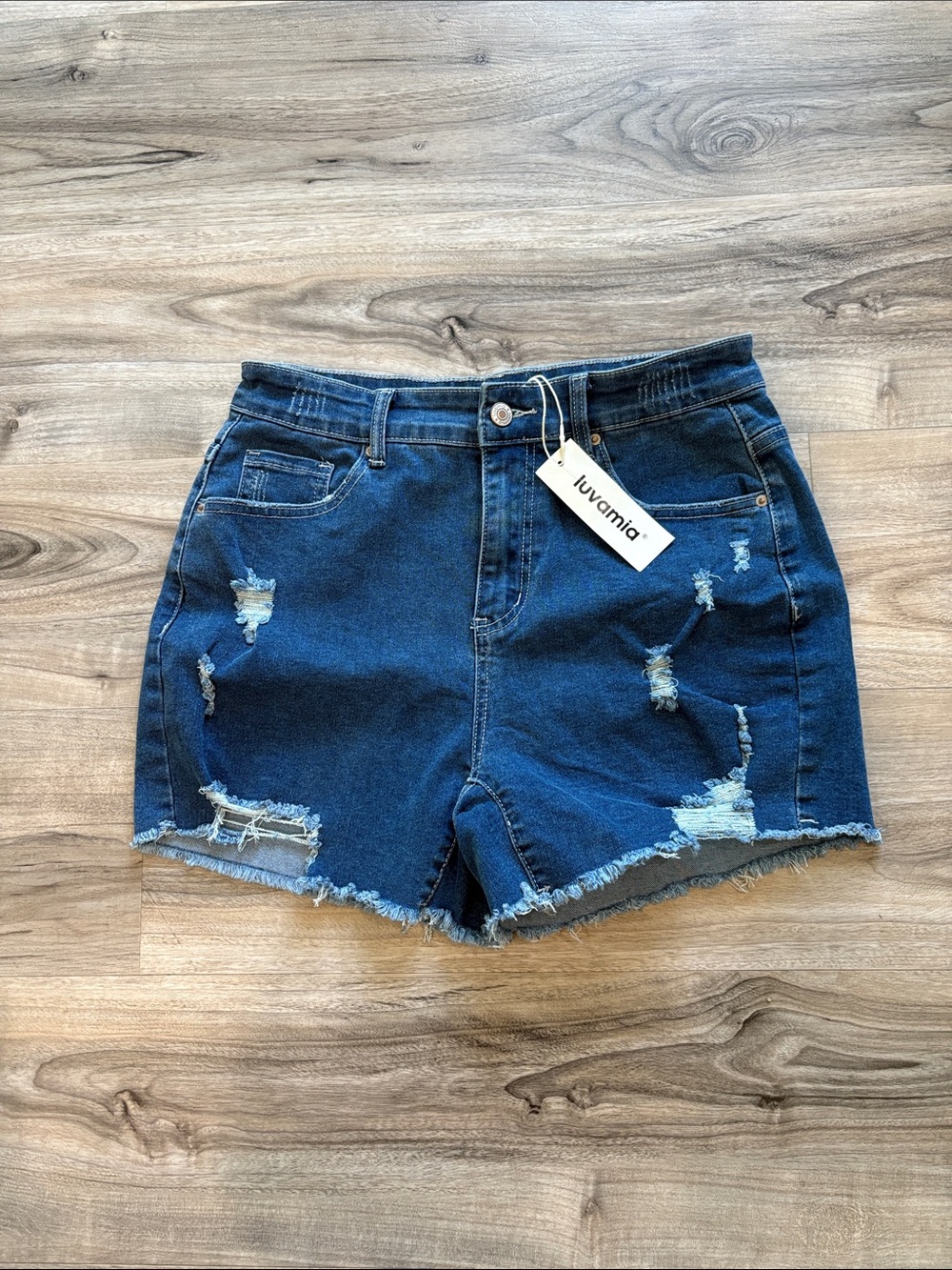 Luvamia Dark Wash High-Rise Distressed Denim Shorts